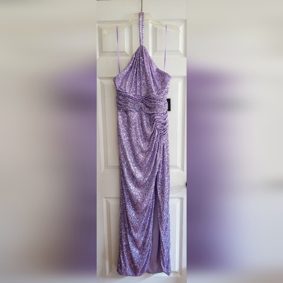 Mac Duggal Gathered Sequined Halter Gown- Lilac - Picture 5 of 11